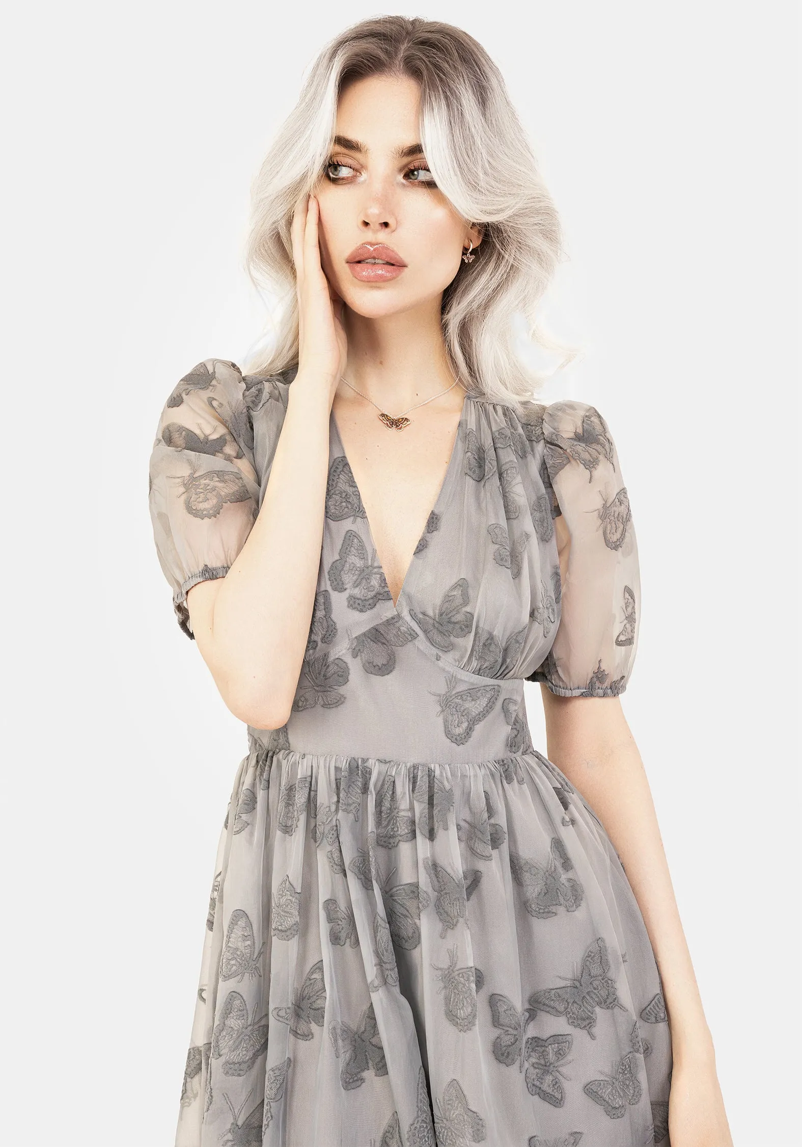 Vanessa Butterfly Print Organza Puff Sleeve Midaxi Dress Monochrome Outfit Light Fabric