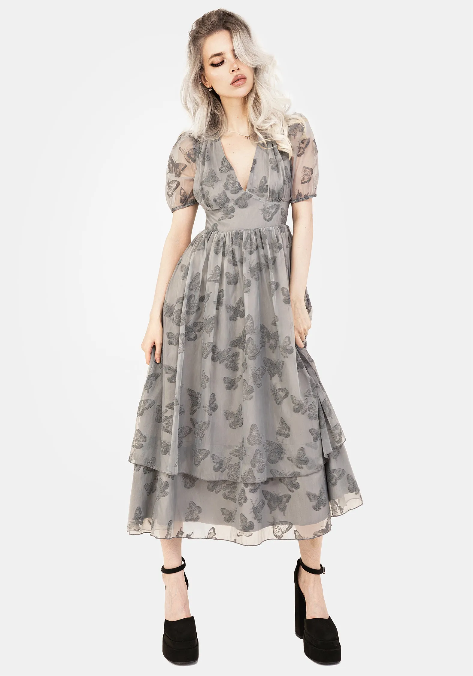 ruffle trim Cashmere Touch Vanessa Butterfly Print Organza Puff Sleeve Midaxi Dress