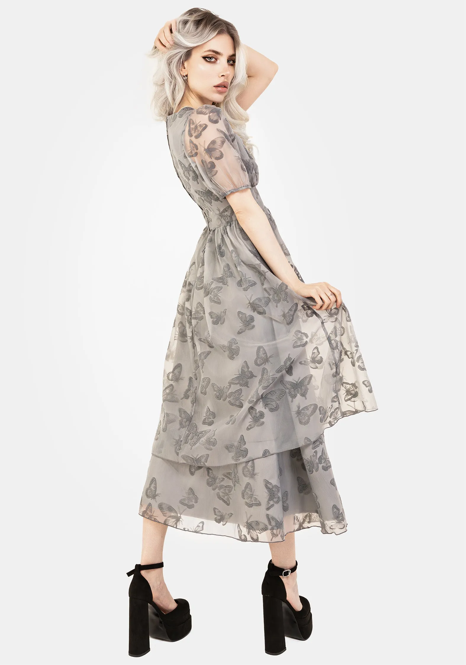 Vanessa Butterfly Print Organza Puff Sleeve Midaxi Dress Modern Chic Neat Style