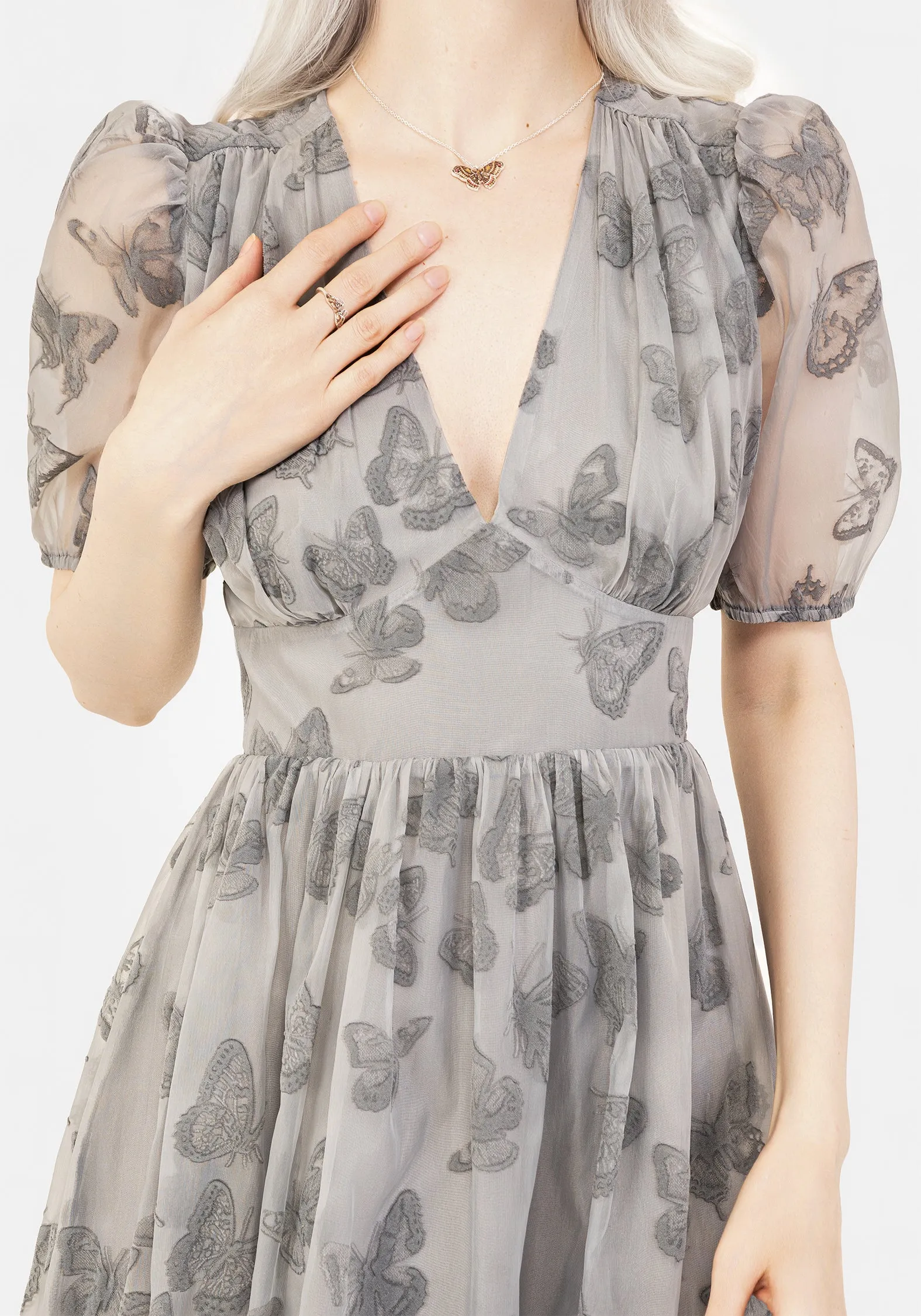 Mid Length Vanessa Butterfly Print Organza Puff Sleeve Midaxi Dress