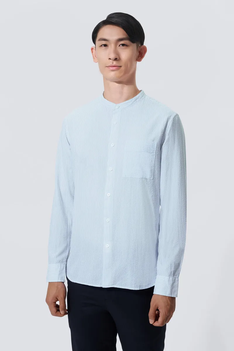 Camping Essential Seersucker Mandarin Collar Casual Shirt | Mint Stripes 1485NZ