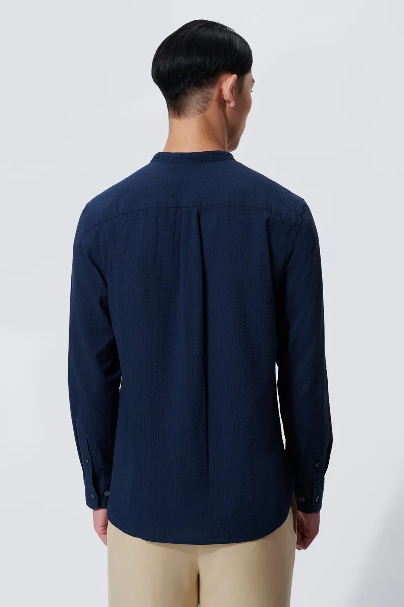 Soft Touch Seersucker Mandarin Collar Casual Shirt | Navy NNY096