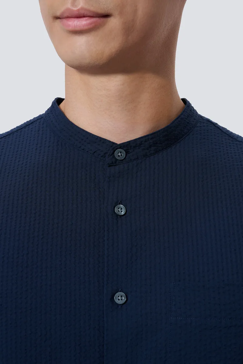 Seersucker Mandarin Collar Casual Shirt | Navy NNY096 Trendsetting Design