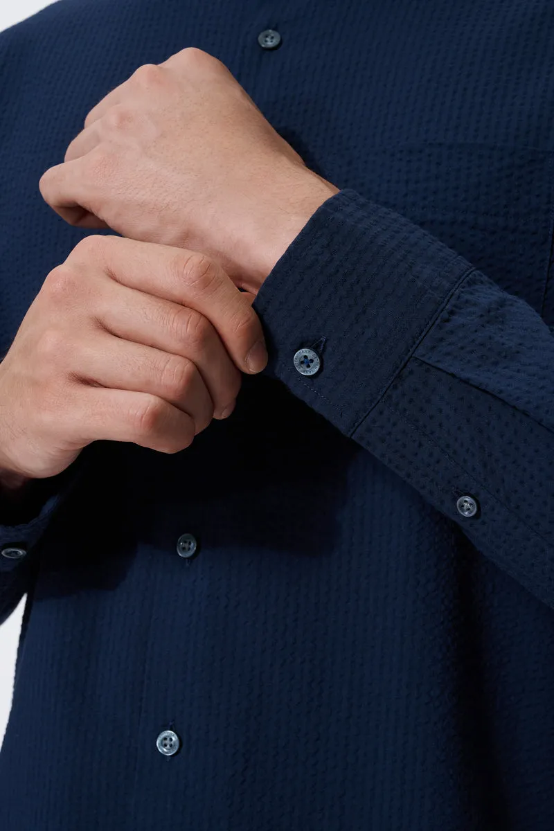 Shimmer Effect Winter Collection Seersucker Mandarin Collar Casual Shirt | Navy NNY096