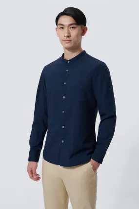 networking event Classic Style Seersucker Mandarin Collar Casual Shirt | Navy NNY096