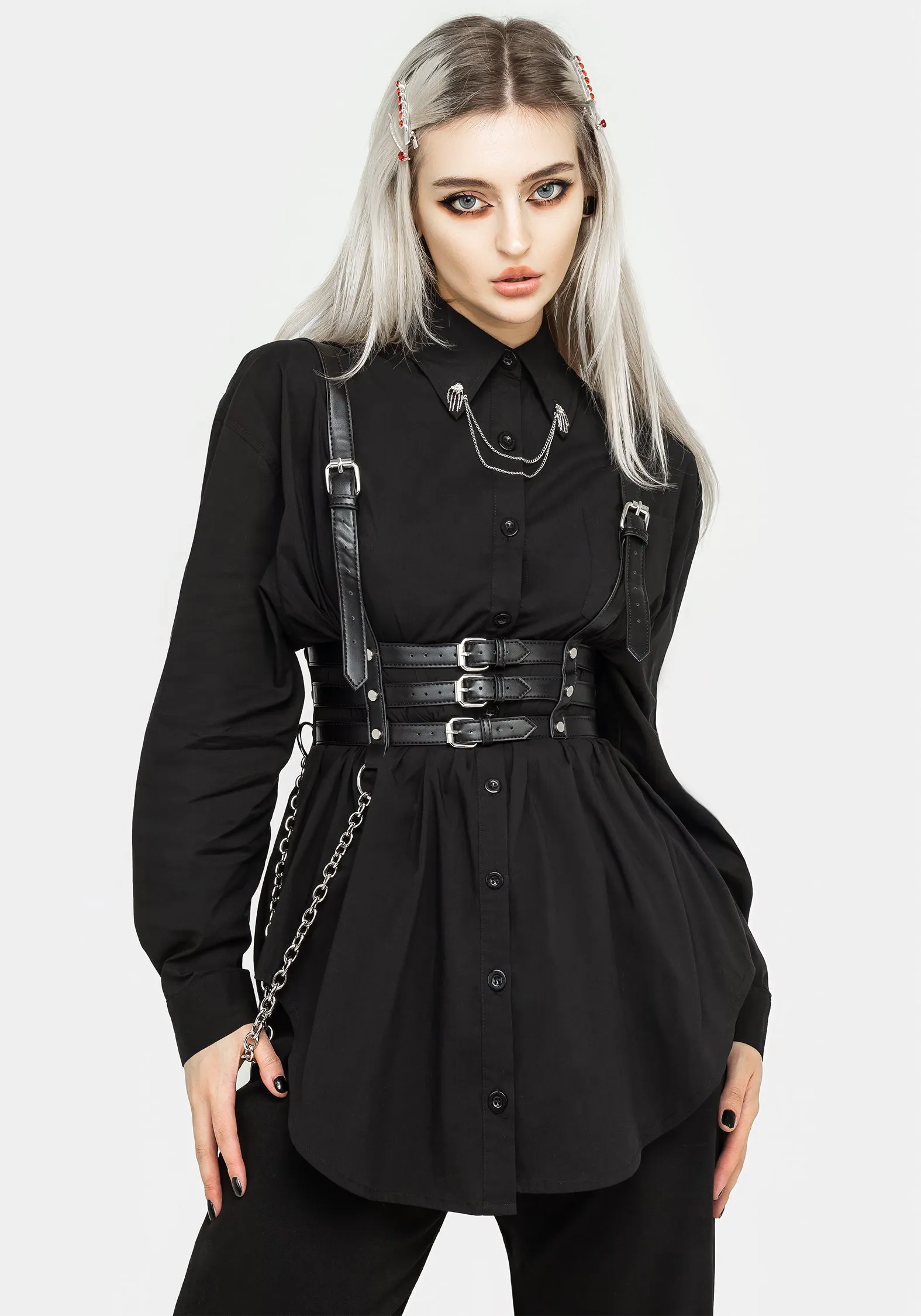 Pullover Design Chiromancy Collar Loose Fit Shirt - Black
