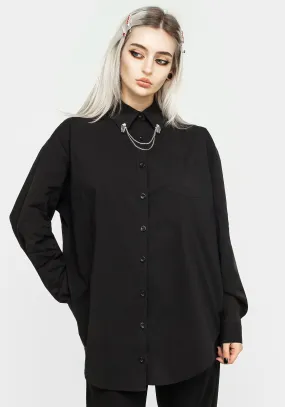 Odor Control Fabric Relaxed Silhouette Chiromancy Collar Loose Fit Shirt - Black