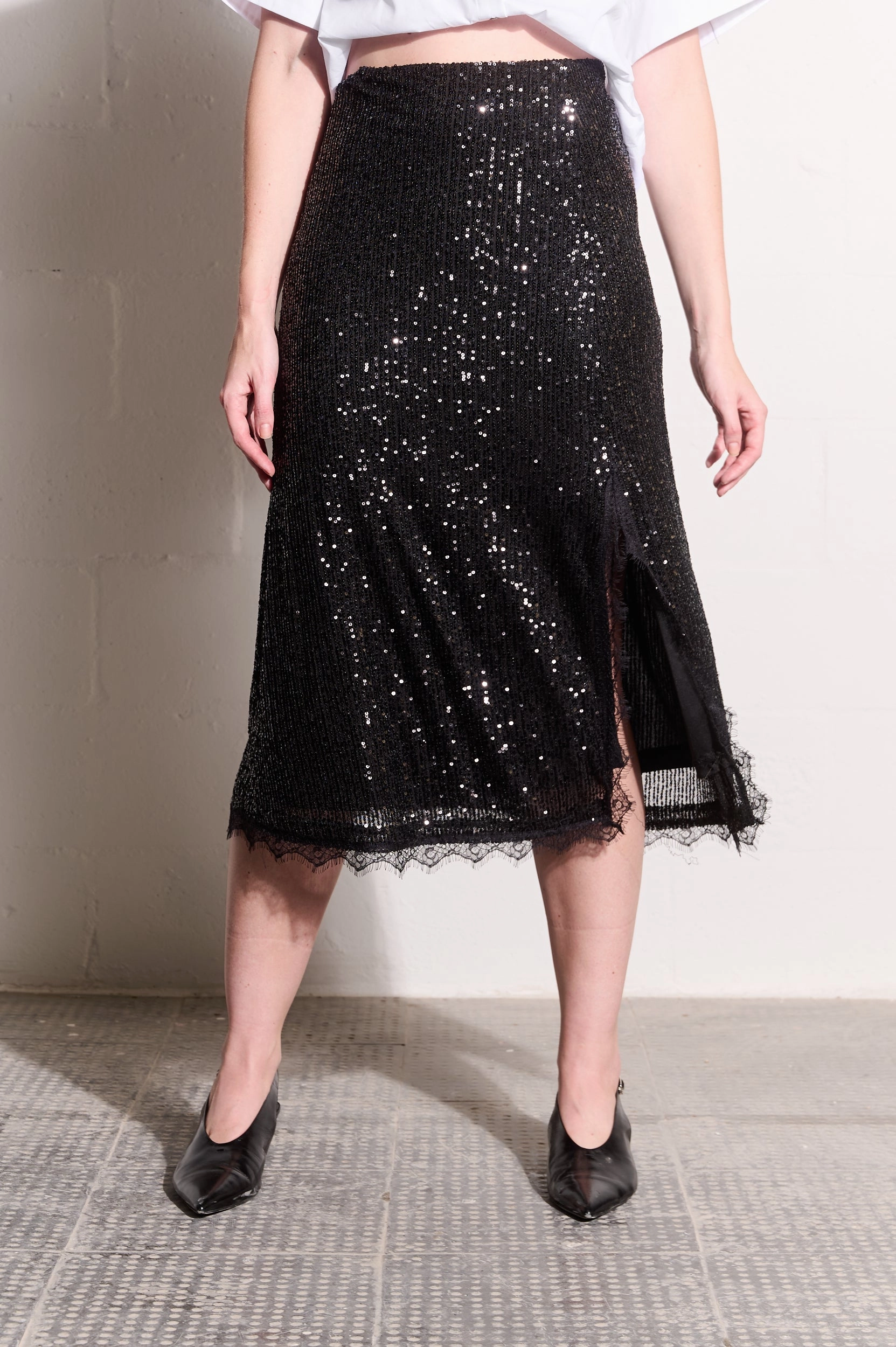 Sequin Skirt with Lace in Black Sheer Overlay