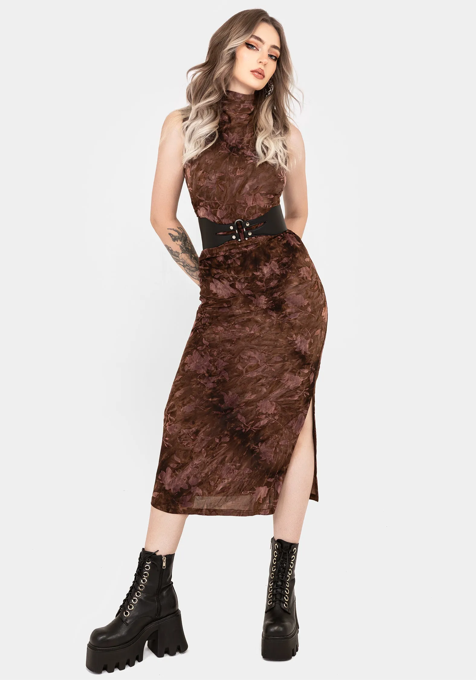 Flattering and Chic Serenade High Neck Ruched Floral Midaxi Dress