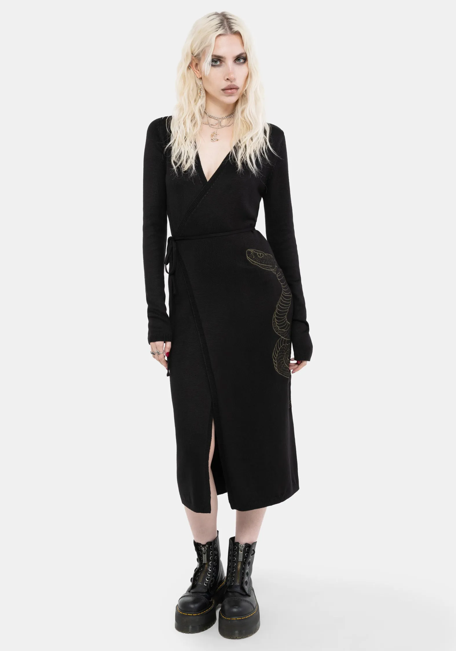 Serpent Snake Embroidered Knit Midi Dress Grab Quick Elegant Line
