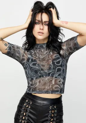 Serpente Print Mesh Short Sleeve Crop Top Convertible Style