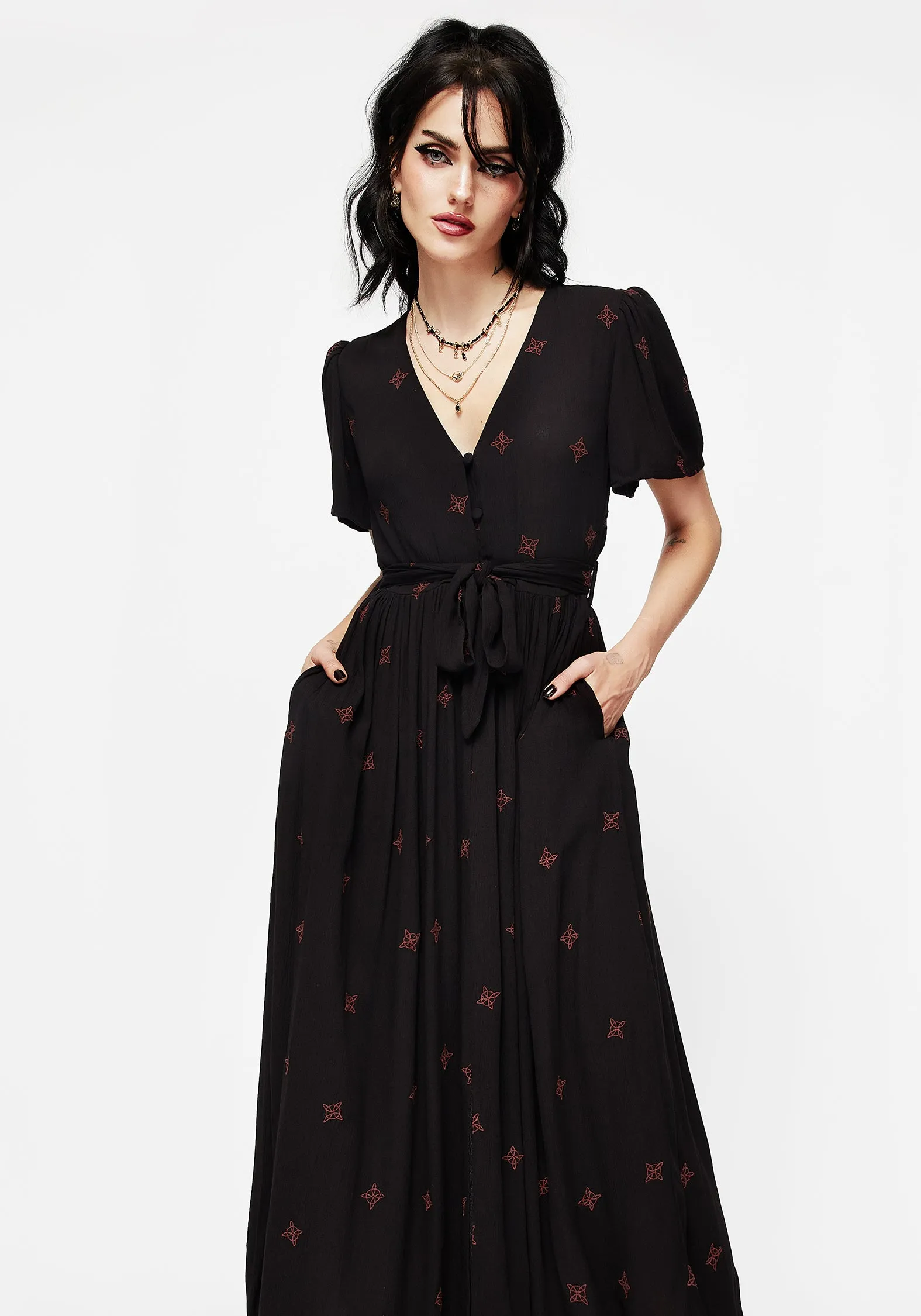 Silky Touch Button-front Sublime Witches Knot Embroidered Button Up Midi Dress