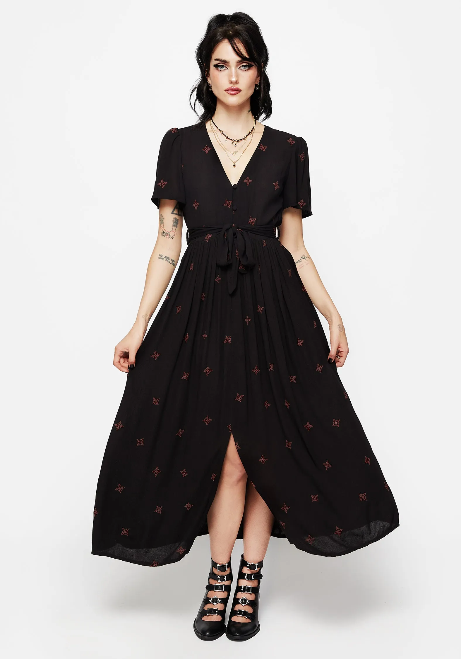 Skirt Flare Sublime Witches Knot Embroidered Button Up Midi Dress