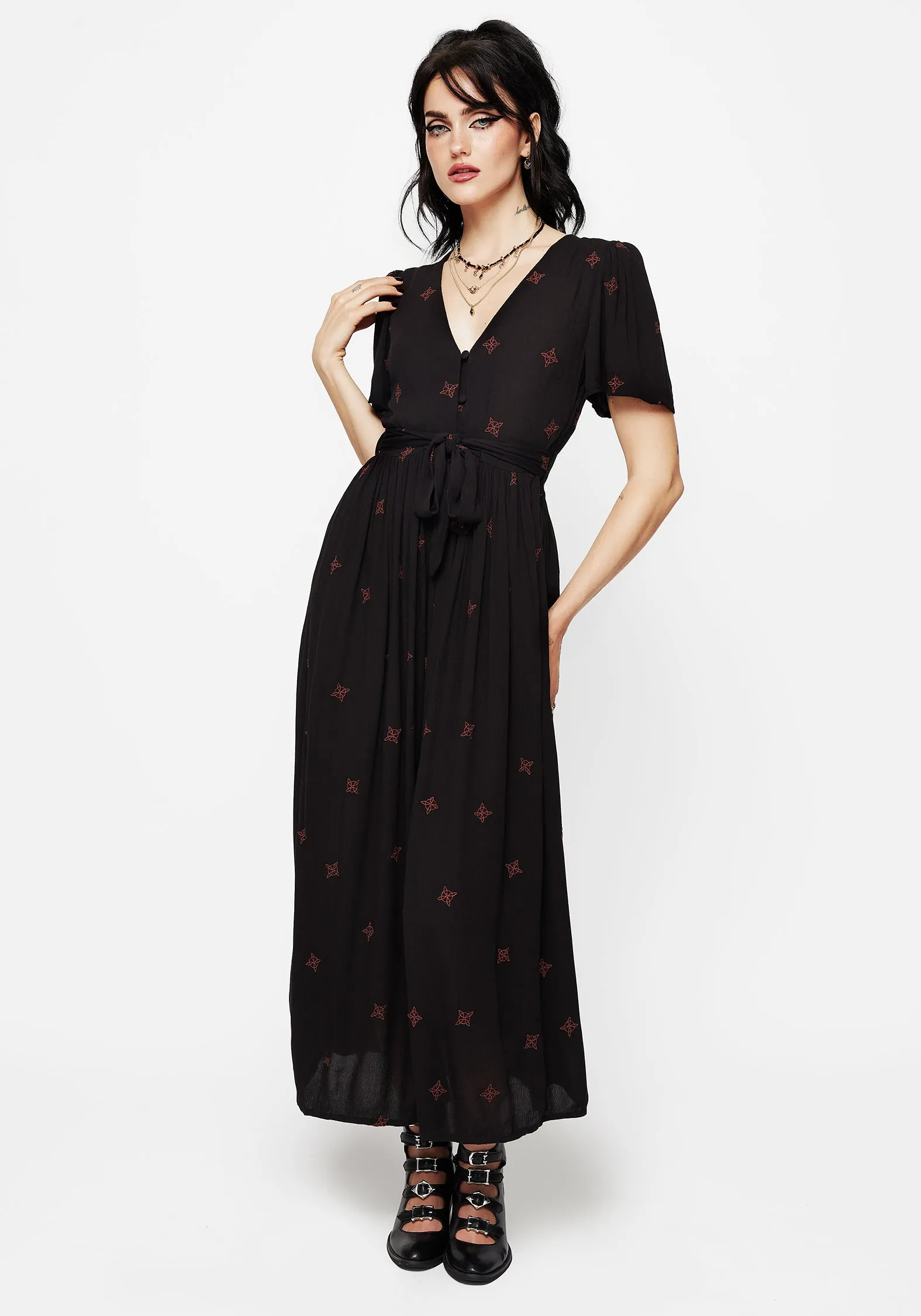 Sublime Witches Knot Embroidered Button Up Midi Dress Elegant Style