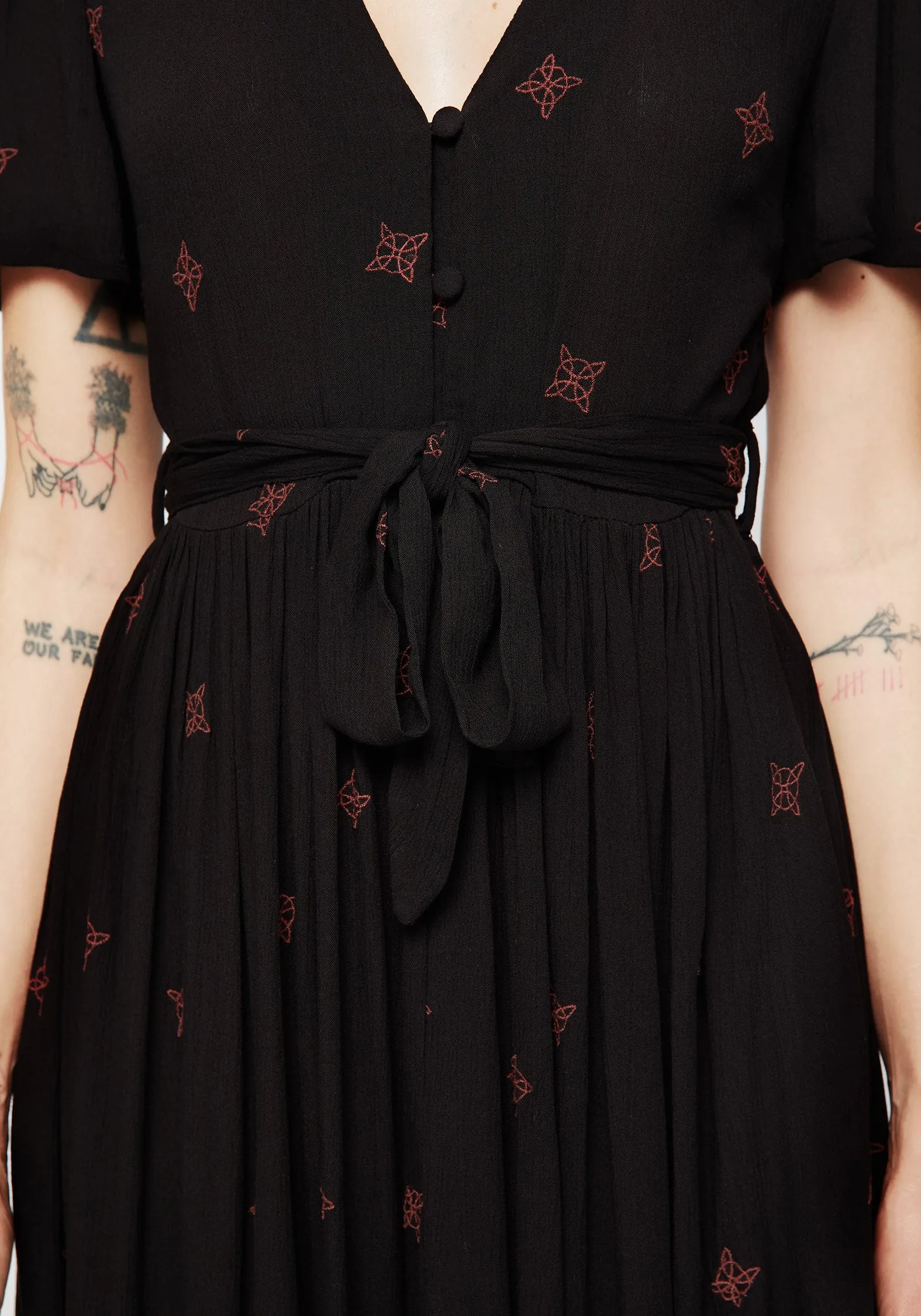 Silky Touch Sublime Witches Knot Embroidered Button Up Midi Dress