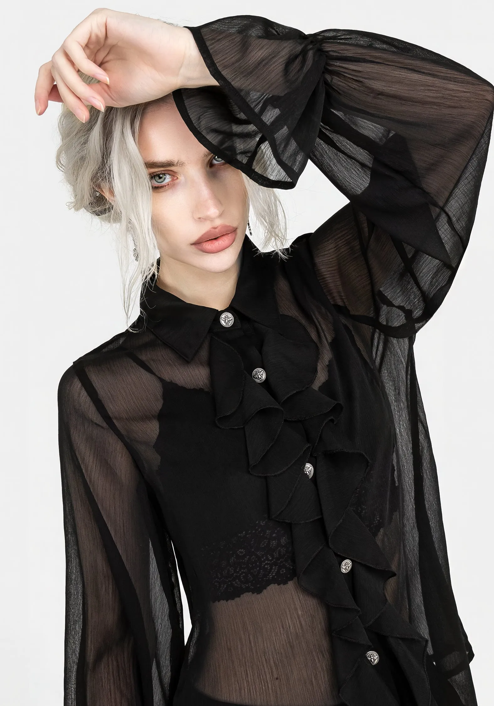 Shelly Sheer Ruffle Shirt Versatile Style Mountain Retreat