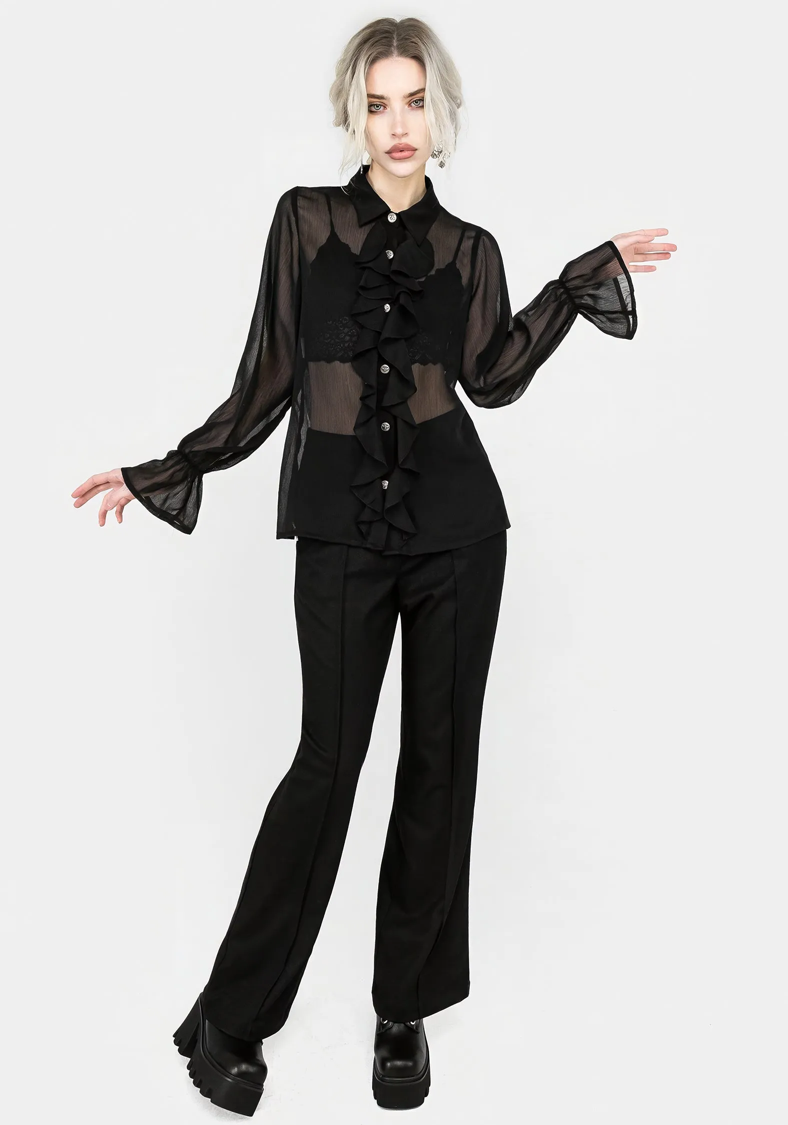Shelly Sheer Ruffle Shirt Layered Sleeve Cuffs Holiday Outfit