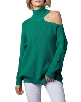 Knitted Layering Functional Layer Shoulder-Baring Turtleneck Sweater In Forest Green