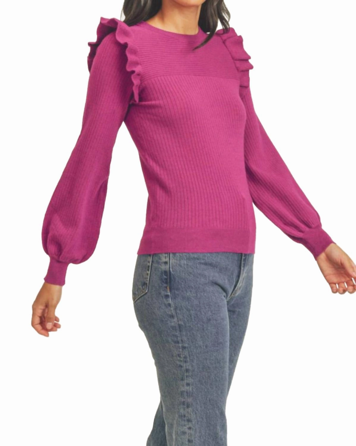 Shoulder Ruffle Crew Neck Sweater In Pink Chilly Days Wear Soft and Stylish