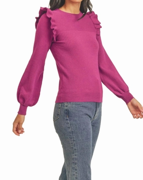 Shoulder Ruffle Crew Neck Sweater In Pink Chilly Days Wear Soft and Stylish