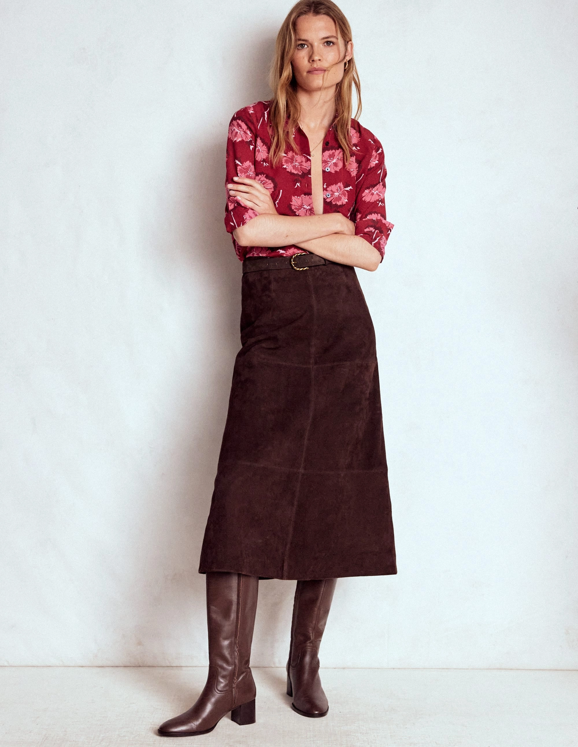 Sienna Silk Shirt-Red, Delicate Carnation Relaxed Crew Neck UltraSoftInterior