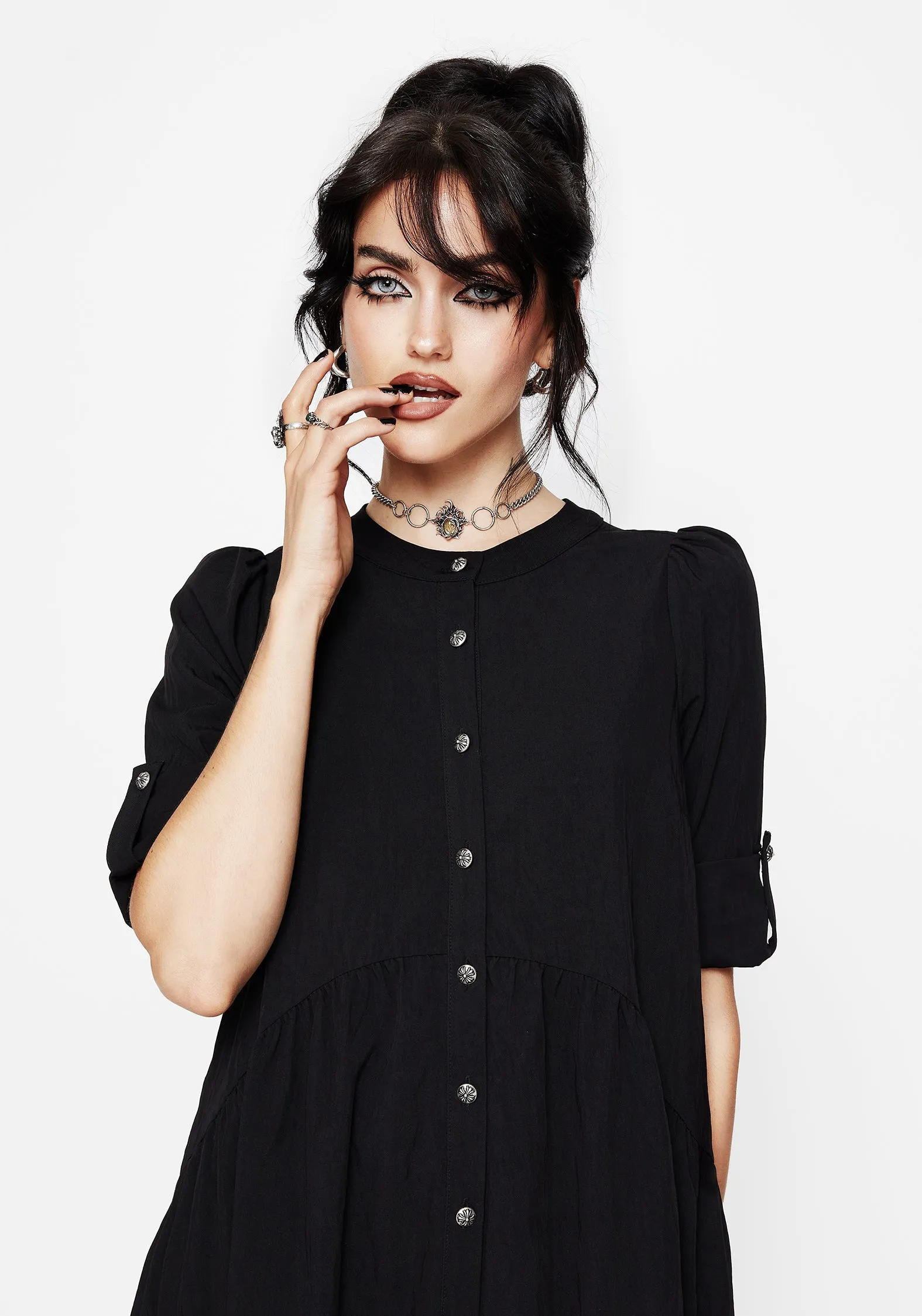 Arden Button Down Mini Smock Dress everyday staple Shiny surface