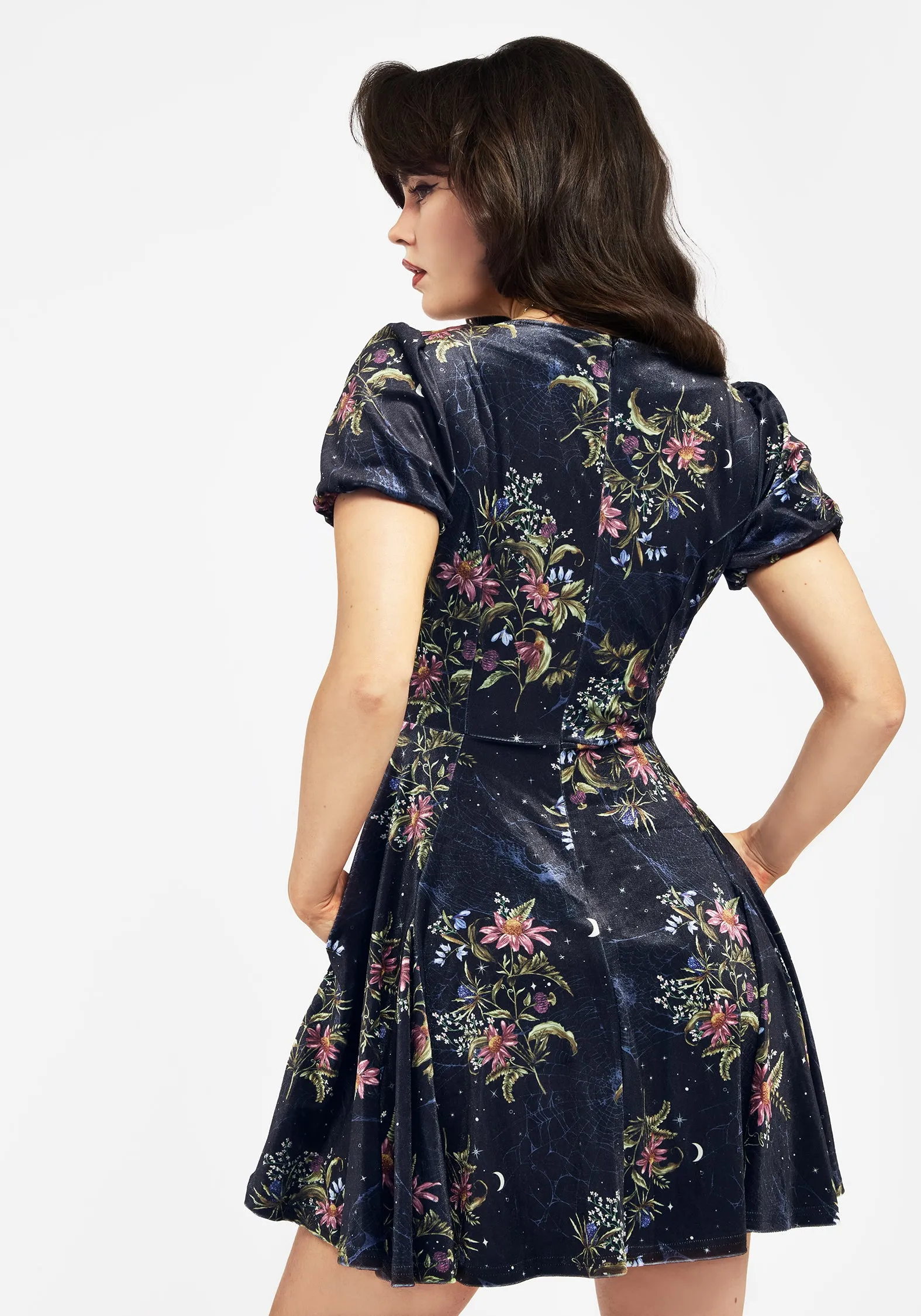 Cleome Floral Spiderweb Velour Mini Dress Breathable Feel