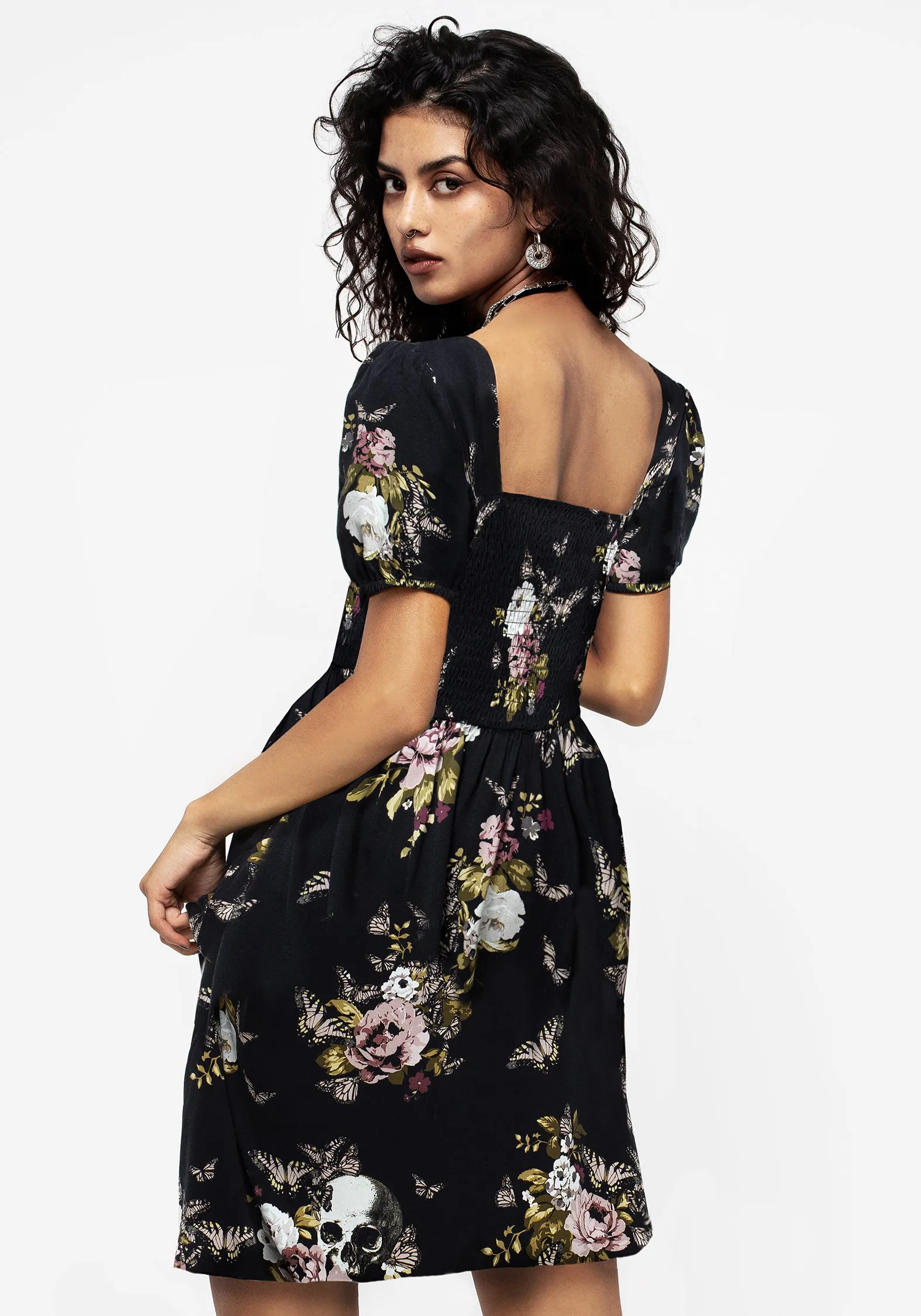 Elegant Everyday Urban Look Revival Floral Puff Sleeve Shirred Mini Dress
