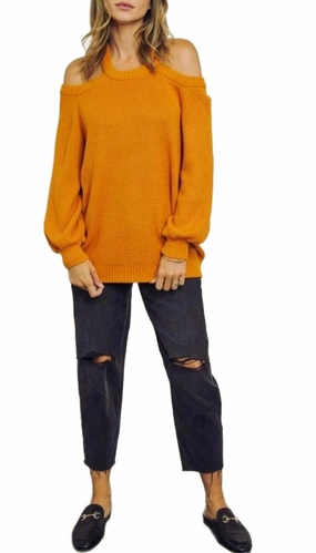 Cross-Back Cold-Shoulder Sweater In Light Rust Chilly Weather Knit