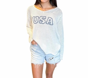 Usa V Neck Sweater In White Moisture Wicking Knit Chilly Wear