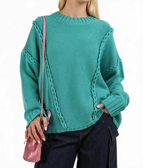 Colorfast Technology Chunky Braid Oversized Sweater In Teal