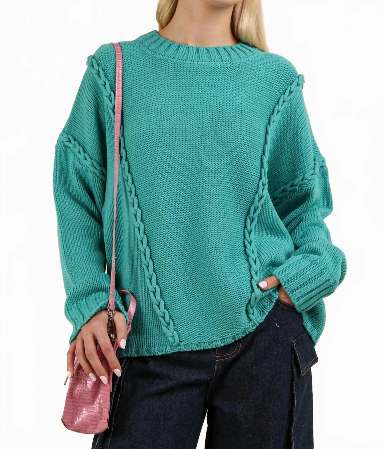 Cozy Texture Chunky Braid Oversized Sweater In Teal
