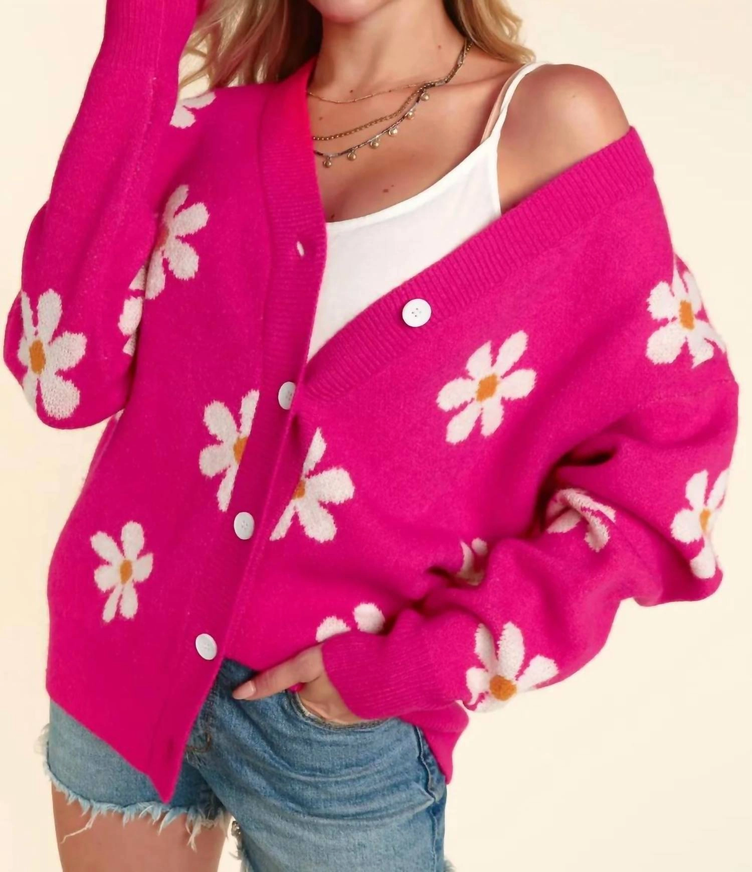 Plus Daisy Floral Cardigan In Hot Pink Layered Chic Thermal Lock Stitching