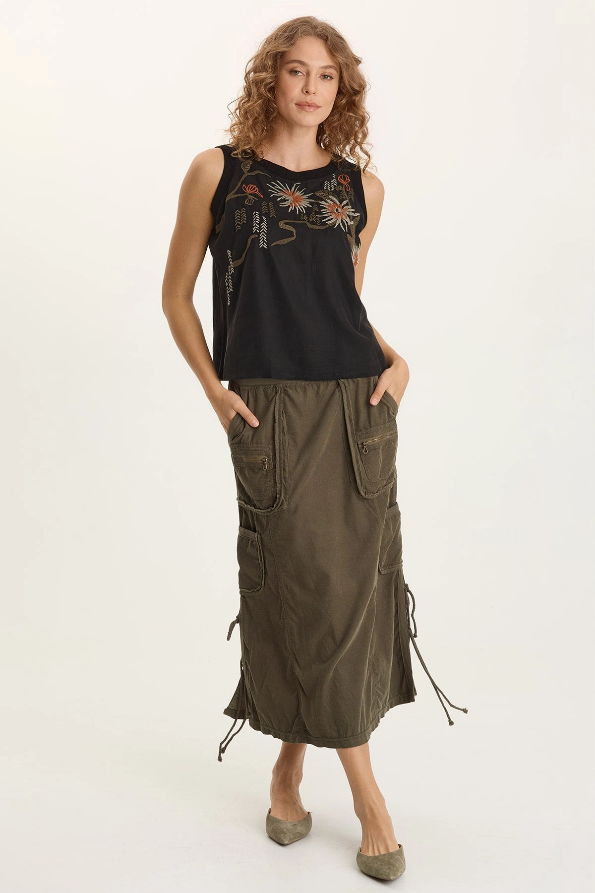 Pleated Construction Sisu Corduroy Adjustable Cargo Midi Skirt