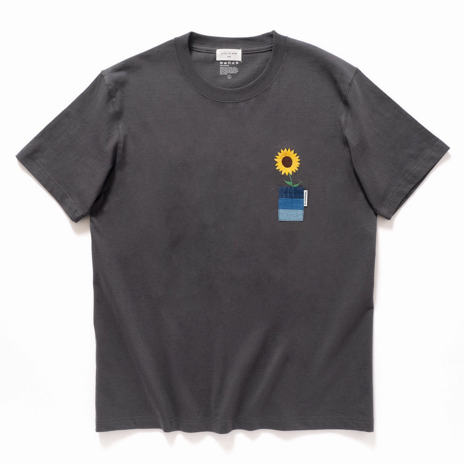 (ZT1398) Sunflower Embroidery Denim Patchwork Tee Minimal Outfit