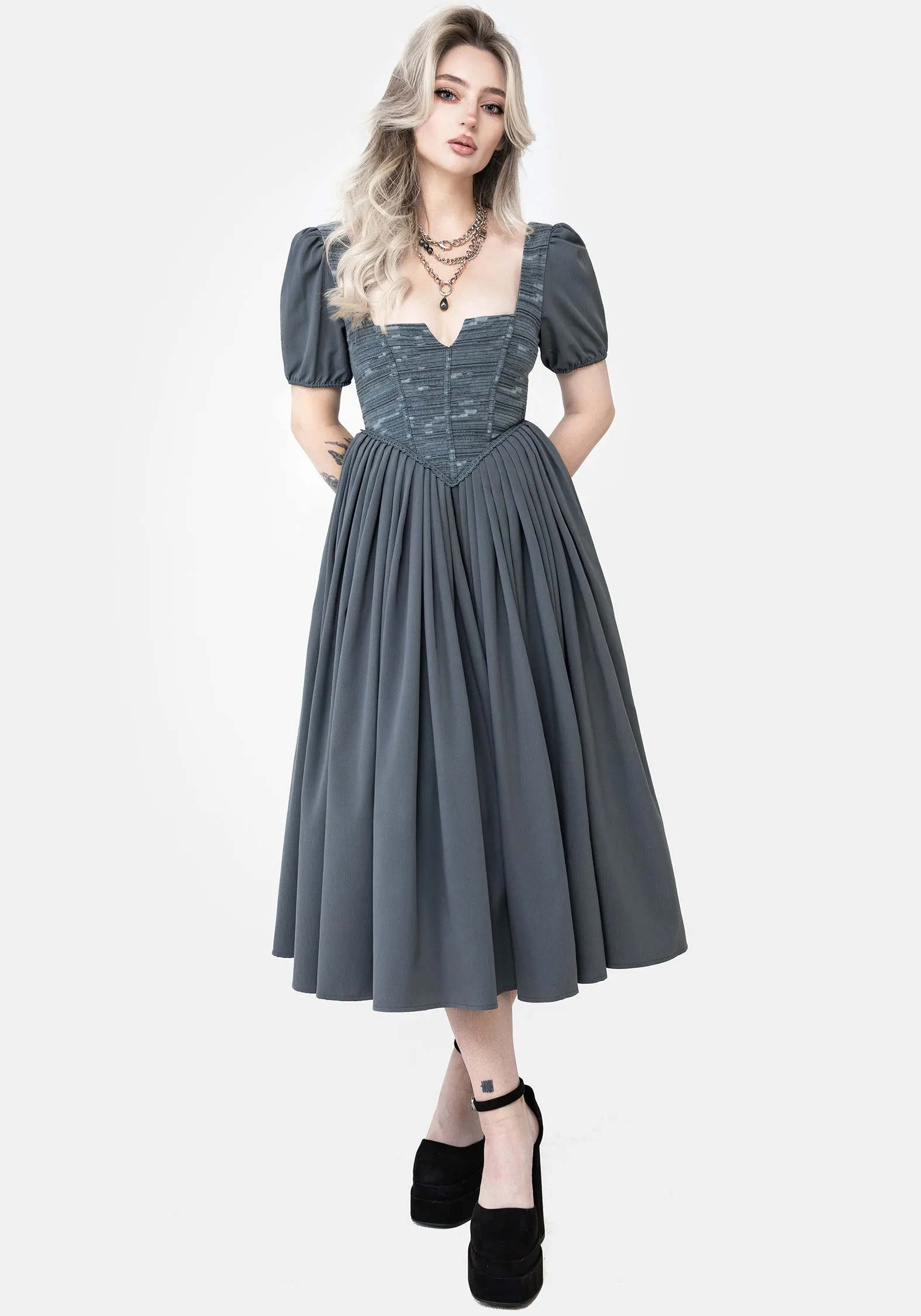 Slain Puff Sleeve Corset Midi Dress Formal Aura