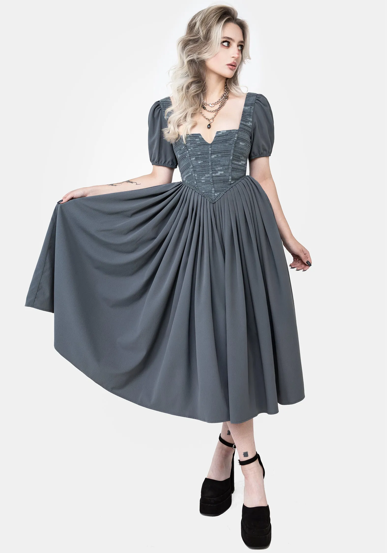 Slain Puff Sleeve Corset Midi Dress Winter Proof Glam Touch