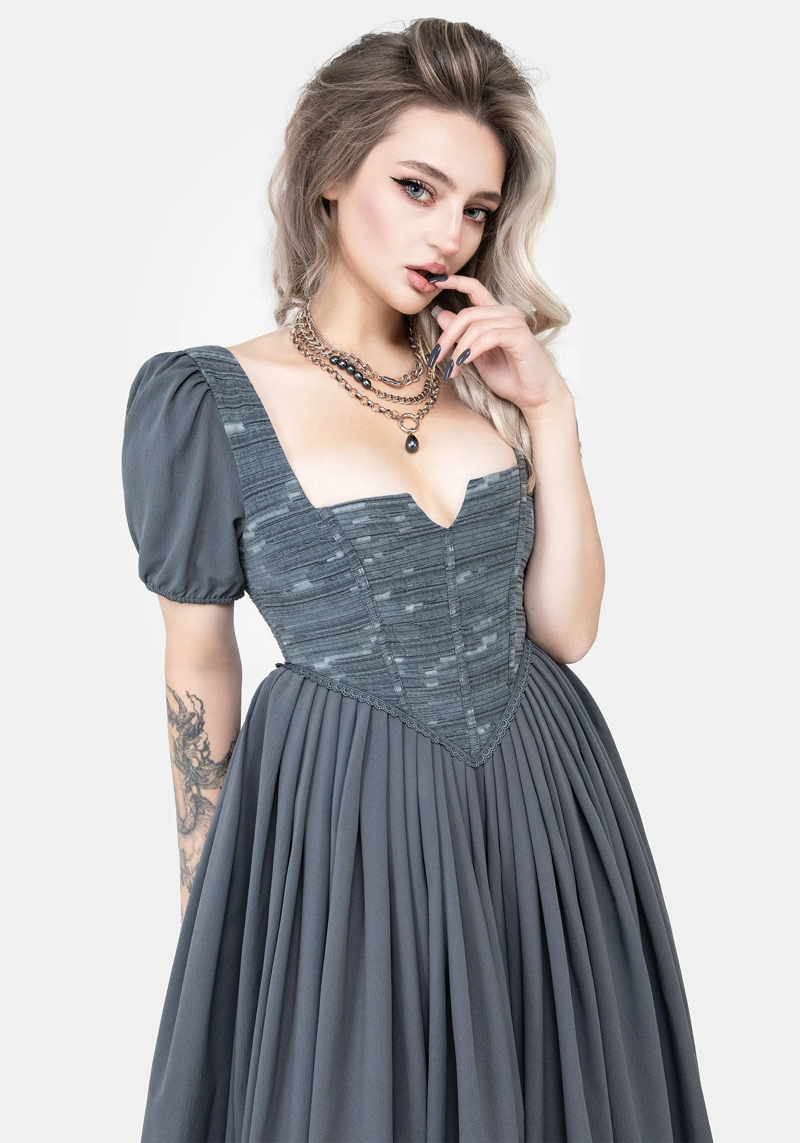 Slain Puff Sleeve Corset Midi Dress Professional Comfort