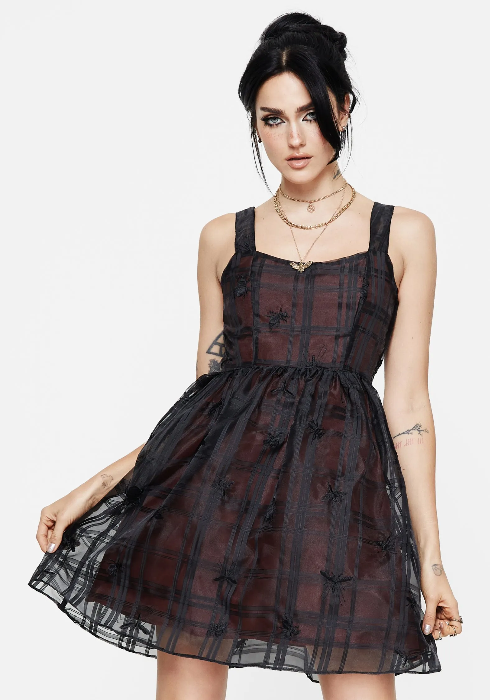 Sedona Organza Check Embroidered Mini Dress Scandi Light
