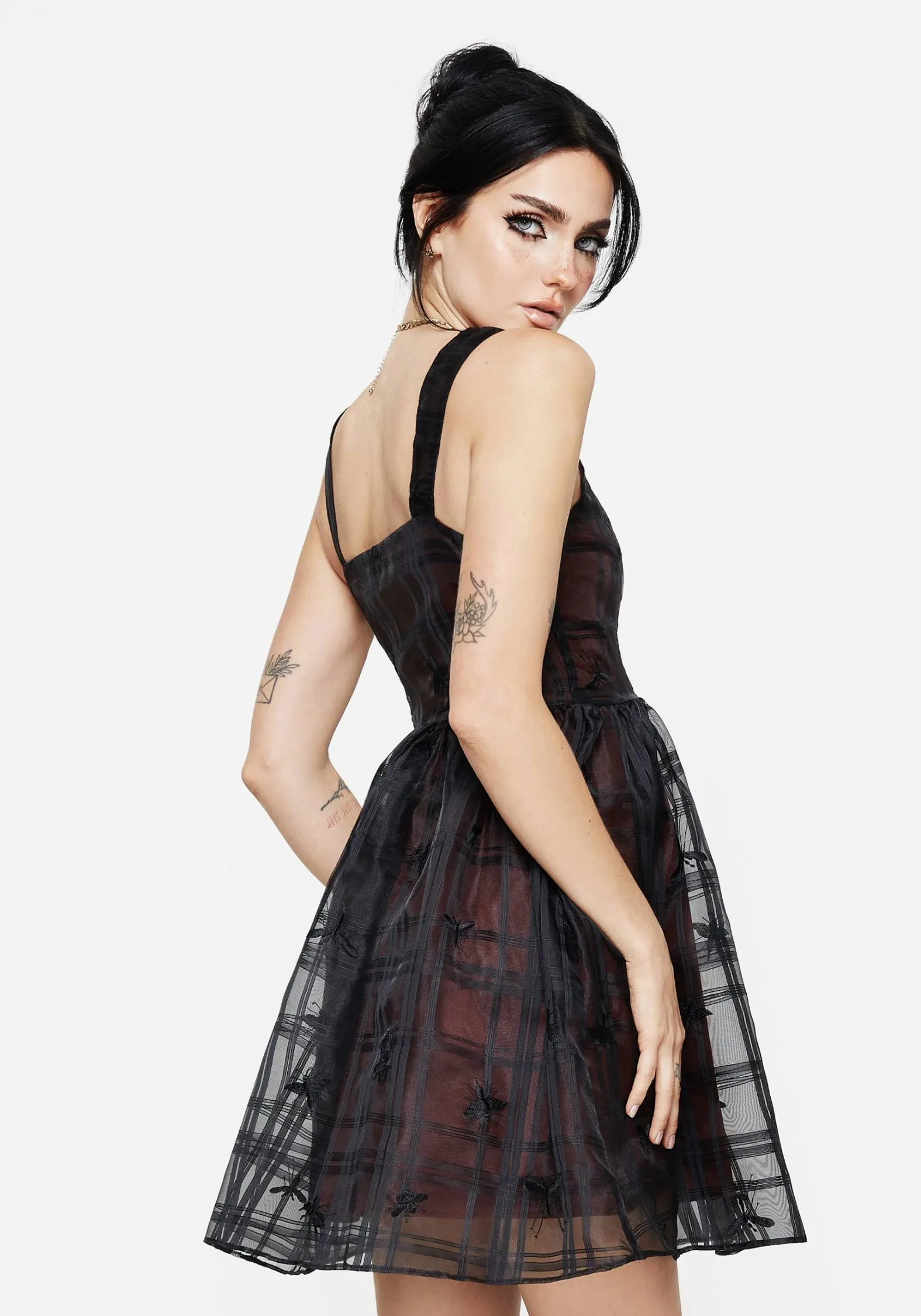 Sedona Organza Check Embroidered Mini Dress Young Edge Sleek long-sleeve dress