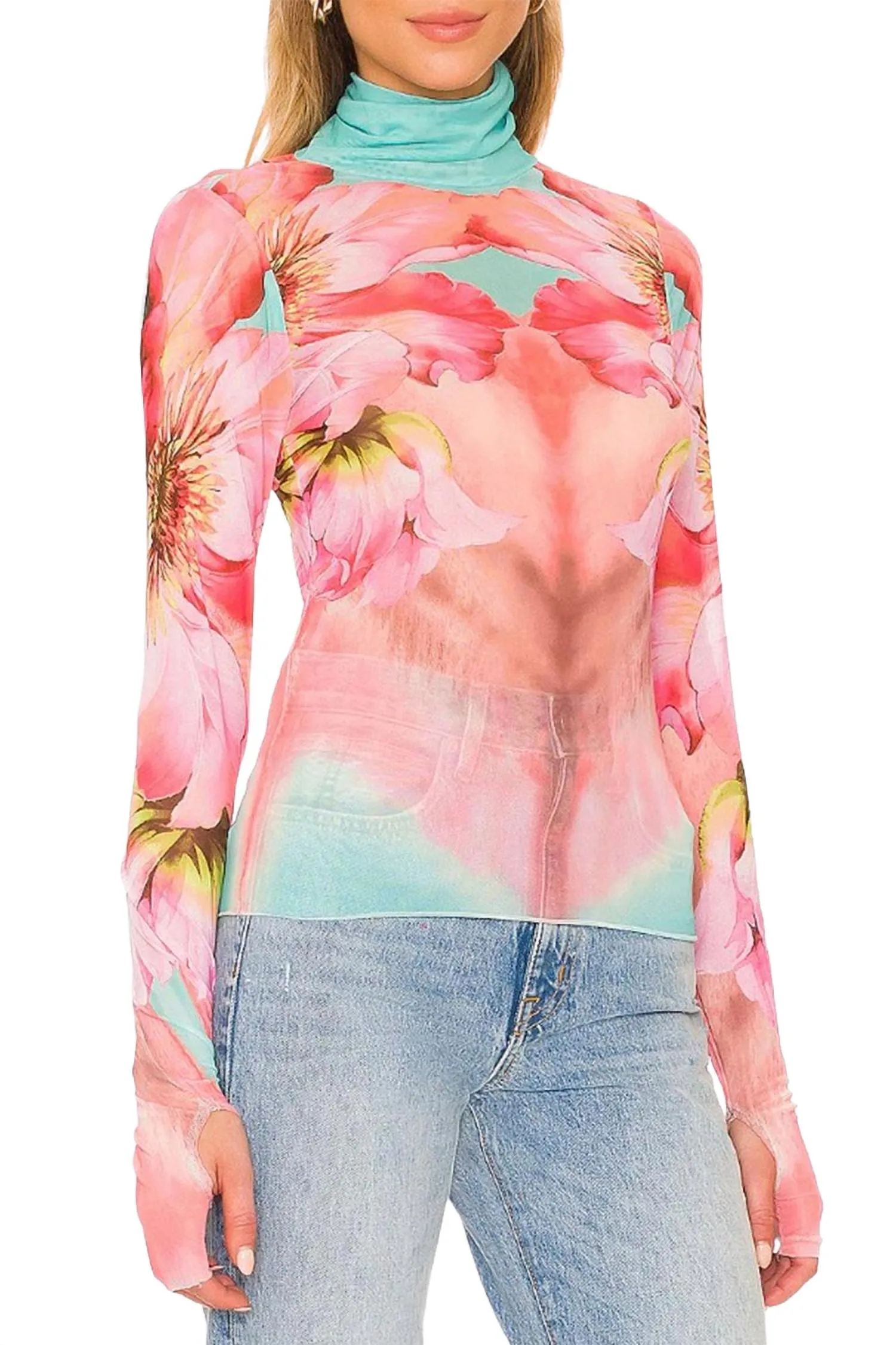 Waffle Knit Comfy Wear Zadie Power Mesh Turtleneck Top In Coral Daffodil Sub