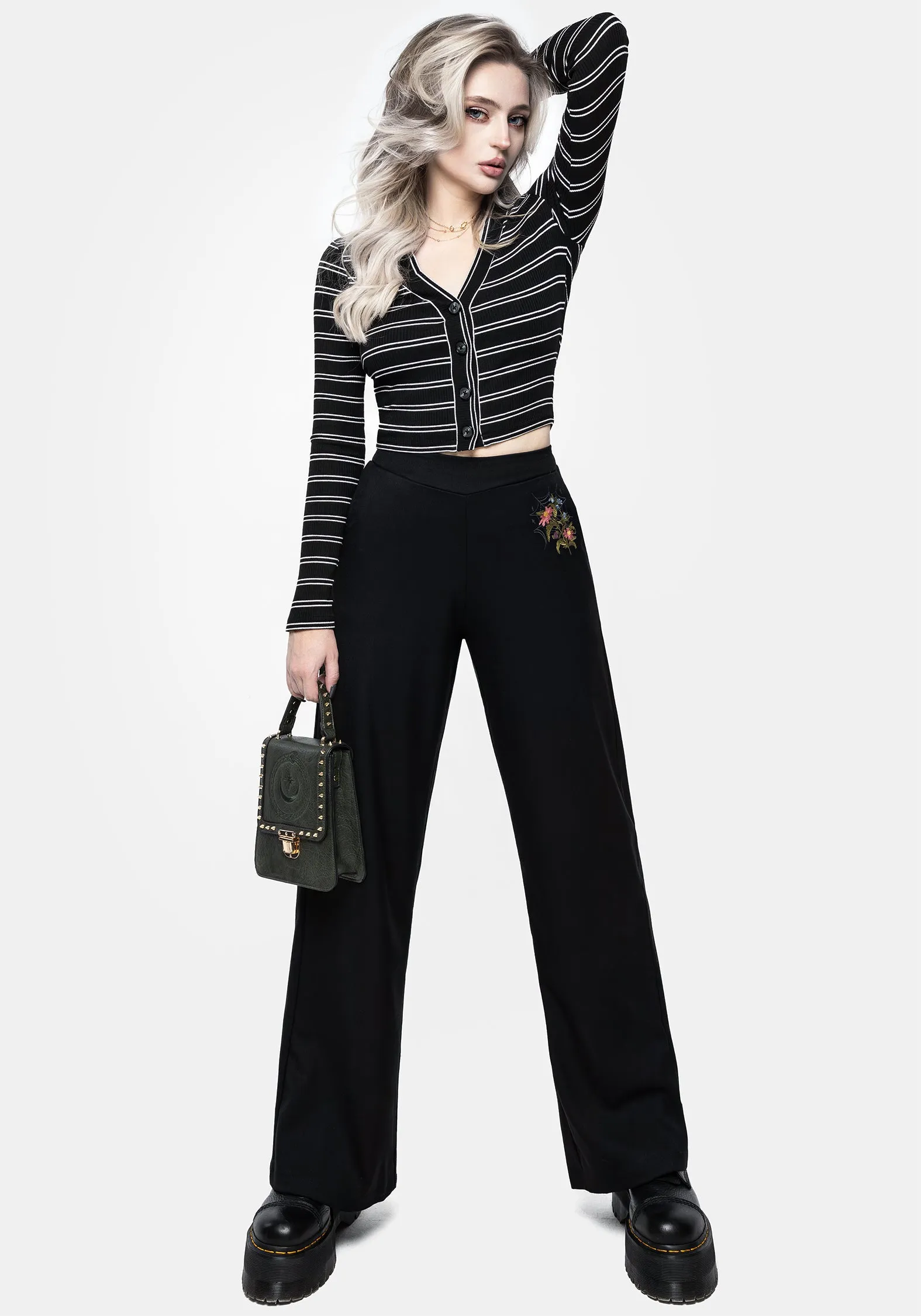 SturdyBeltLoops AntiPillingFabric Cleome Floral Spiderweb Embroidered Trousers