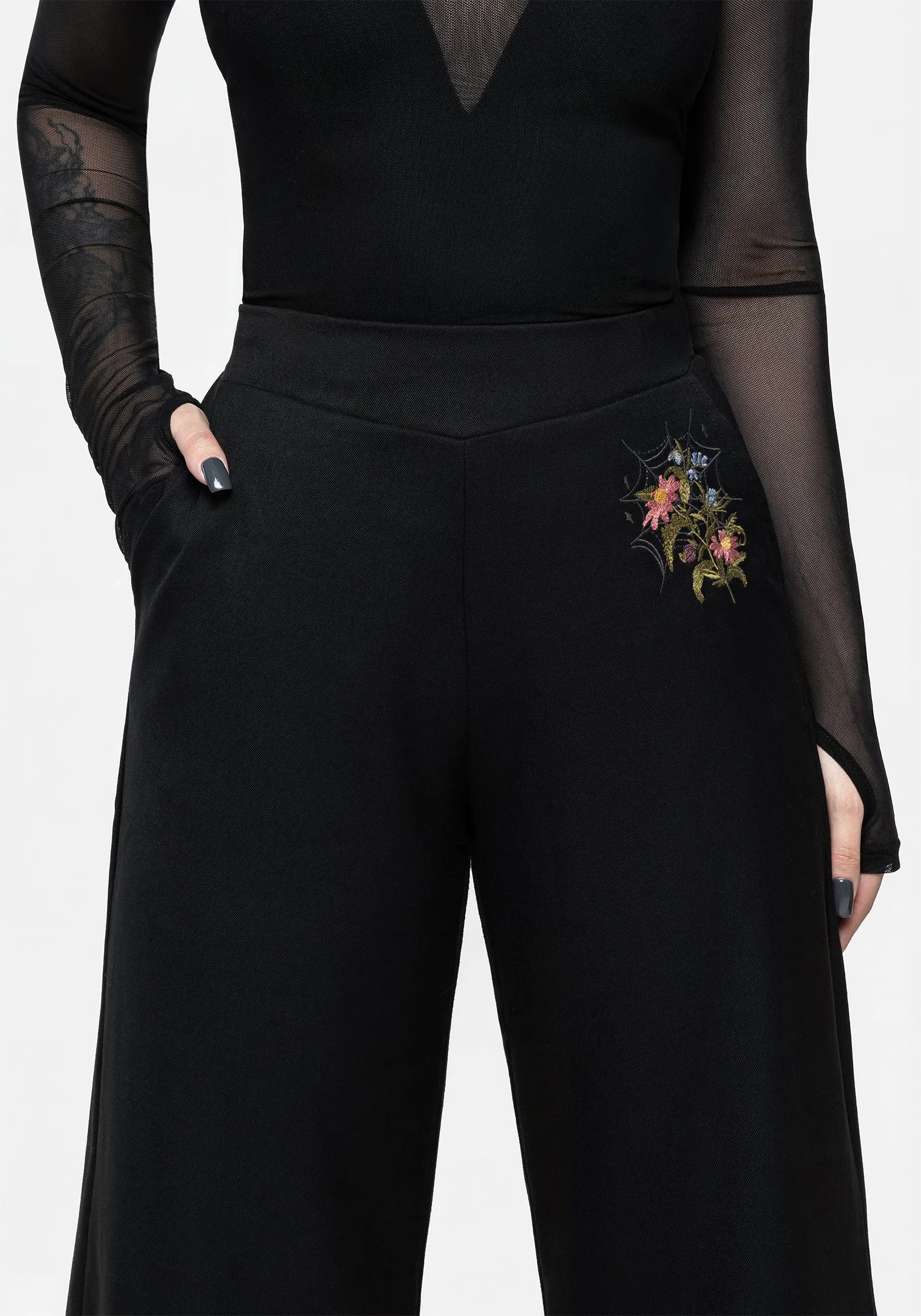 snag resistant Laser Cut Perforations Cleome Floral Spiderweb Embroidered Trousers