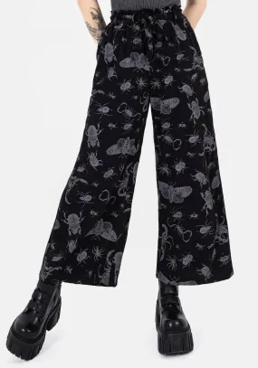 All Purpose Fit Twill Weave Texture Parasite Bugs Wide Leg Paperbag Culotte Trousers - Black