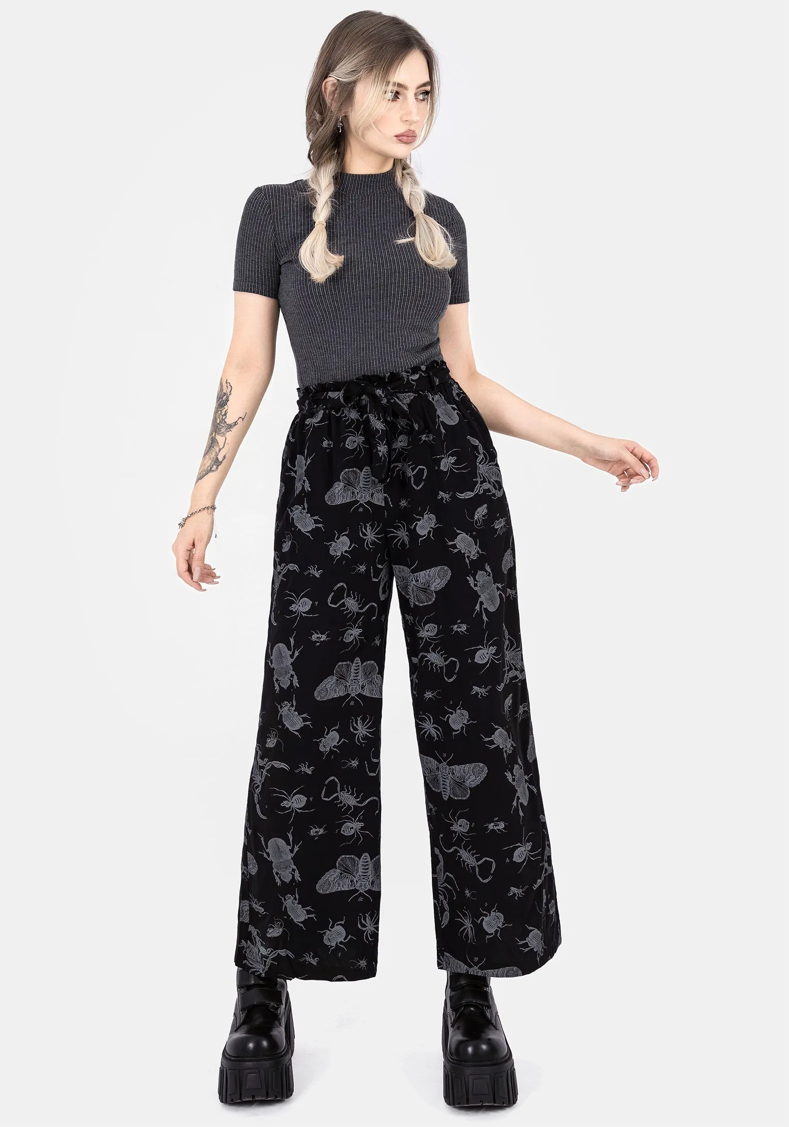 HighRiseWaist Parasite Bugs Wide Leg Paperbag Culotte Trousers - Black