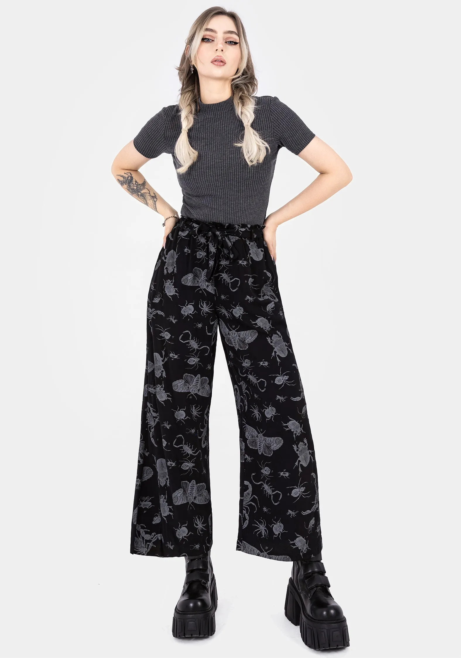 Cooling Fabric Parasite Bugs Wide Leg Paperbag Culotte Trousers - Black