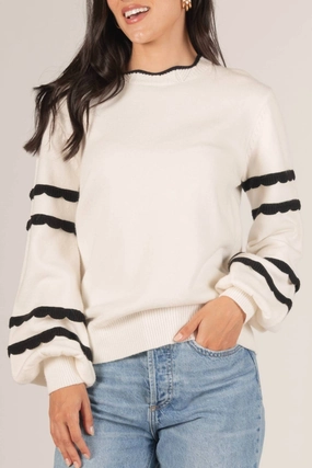 Scalloped Trim Sweater In Ivory/black Layering Fashion Comfy Fit