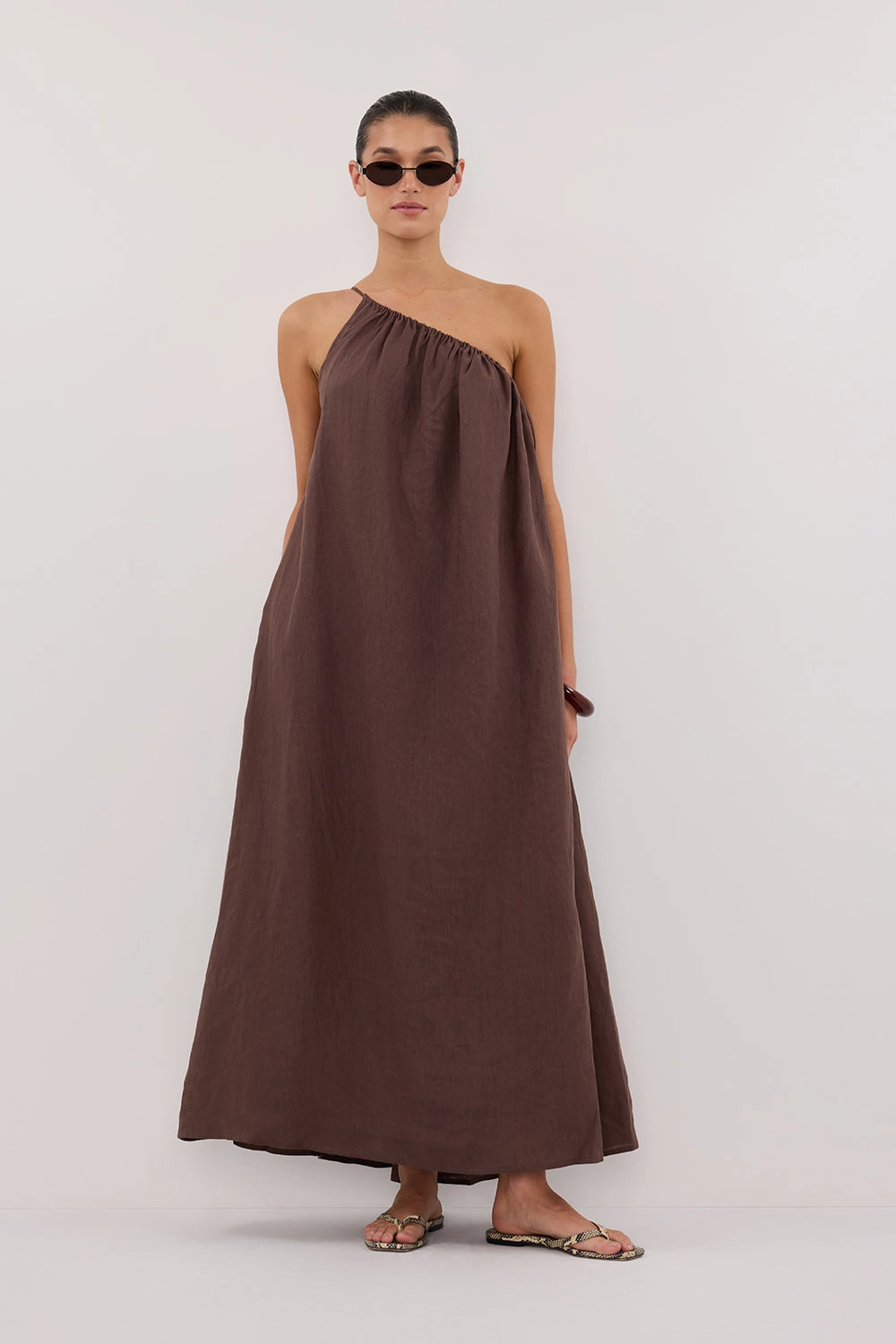ALMA BITTER CHOC ASYM LINEN MIDI DRESS Bodycon Fit Mid Season