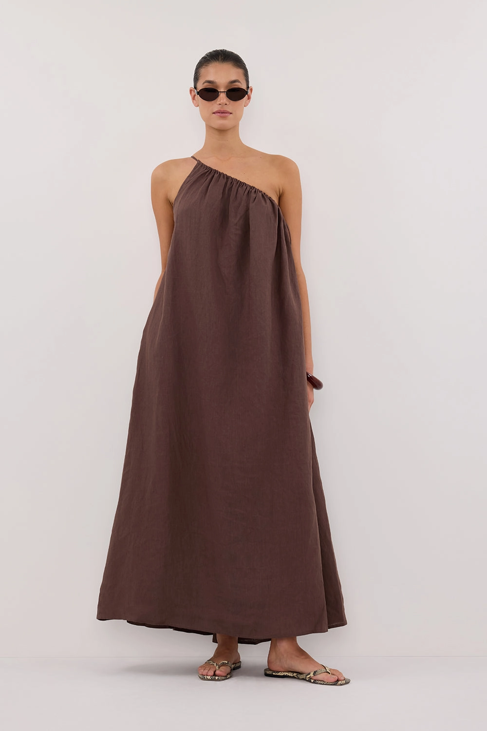 UV-Resistant ALMA BITTER CHOC ASYM LINEN MIDI DRESS