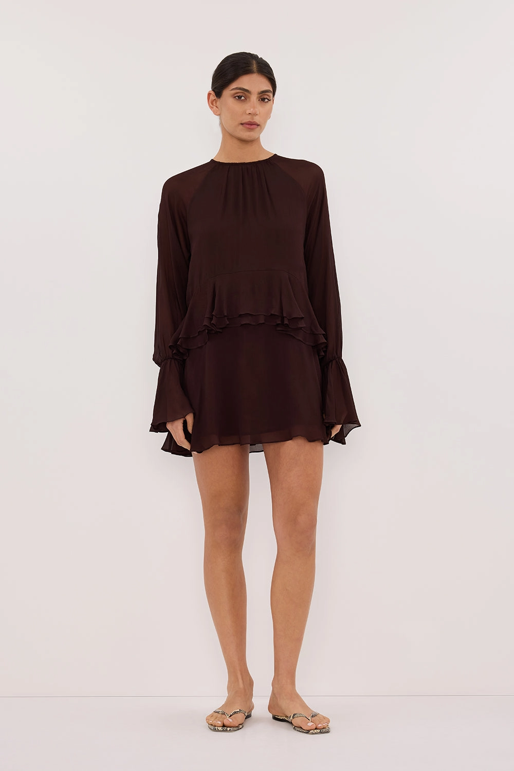BODHI DARK CHOC LONG SLEEVE MINI DRESS and Effortless fit dress.